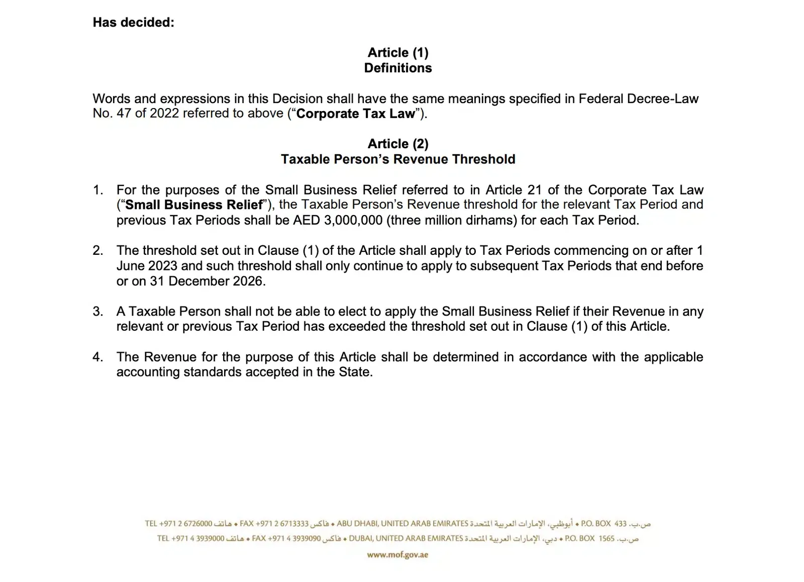 UAE Small Business Relief